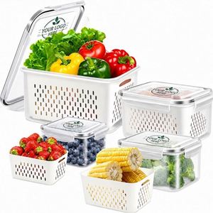 Custom Food Storage <b>Container</b> with Drain Basket and Airtight Lid for <b>Refrigerator</b> Fruit & Vegetable Organizer - Product Image 1