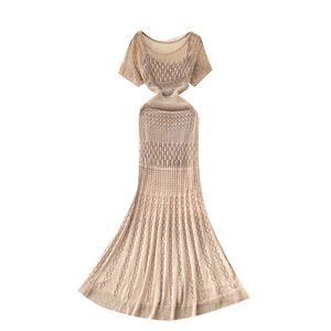 Vestido Midi Casual Coreano de Verano para Mujer, Estilo Imperio, con Encaje Calado, Estampado Digital, Tejido de Punto, Tirantes Finos y Manga Corta - Product Image 5