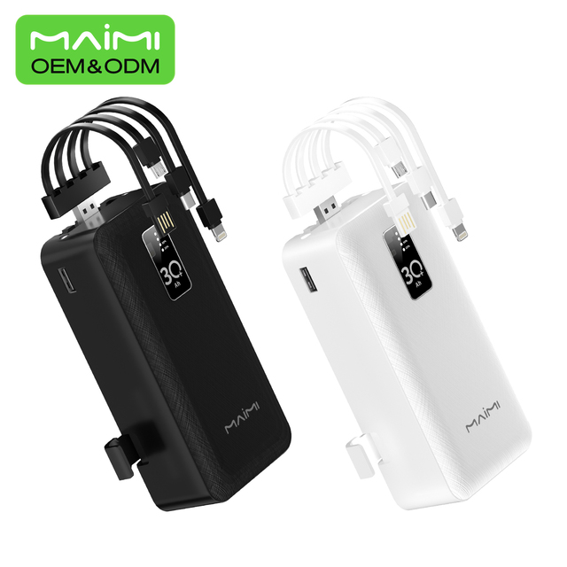 Maimi OEM 30000mAh Portable Power Bank with Built-in Cables & Phone Stand High Capacity External Battery Charger for Wholesale