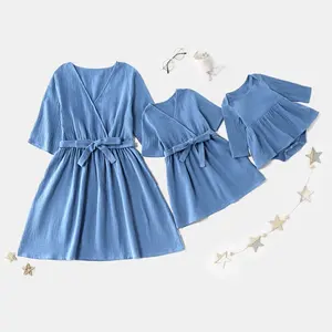 Dress Biru Ibu dan Me, Baju Monyet Bayi + Dress Panjang Untuk Keluarga