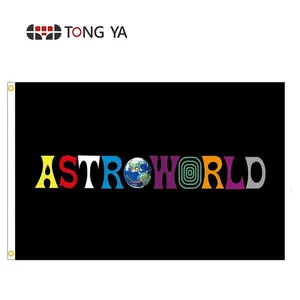 Astroworld Bendera Travis Scott, Spanduk 3X5 Kaki, Poster Lucu Tahan UV Bendera Dinding Gua Pria Tahan Lama dengan Gromet Kuningan