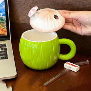 Taza con forma de coco de cerámica ecológica con pajita y cuchara, taza de desayuno de alto valor para parejas, regalo perfecto para la vuelta a la escuela - Product Image 5