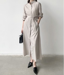 Abito chemisier lungo da donna con collo alto e cintura, maniche lunghe, gonna a trapezio, tasche, casual ed elegante per primavera autunno e uso quotidiano - Product Image 4