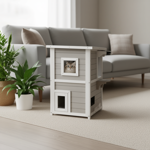 Casa de Madera para Gatos de 2 Pisos, Muebles Modernos para Mascotas, Color Gris, Resistente a la Lluvia, para Gatos de Interior - Product Image 2
