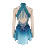 Robe de patinage artistique bleu turquoise dégradé à col halter, ornée de strass et de mailles, à manches longues, pour la compétition et les spectacles des adultes et des enfants