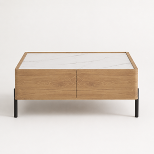 Table basse moderne à lattes avec étagère ouverte et pieds en métal pour salon - Product Image 3