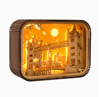 Lampe d'ambiance LED personnalisée avec logo rétro, en bois massif naturel, sculptée en 3D, effet superposé, veilleuse, boîte à ombre paysage urbain, cadeau Glycine