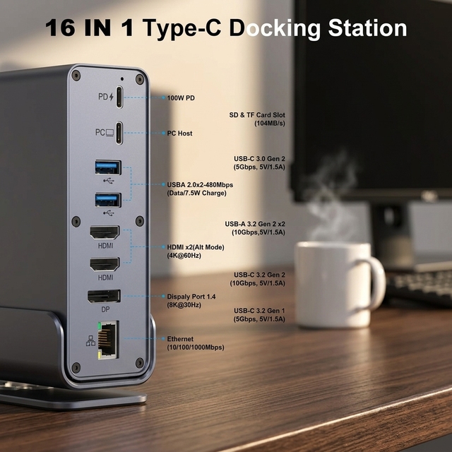 WFYEAR Aluminum Alloy USB-C Dock 15 1 Dual Monitor Docking Station 4K MST USB 3.0 Ethernet PD100W Stock Windows Laptop for 2.0