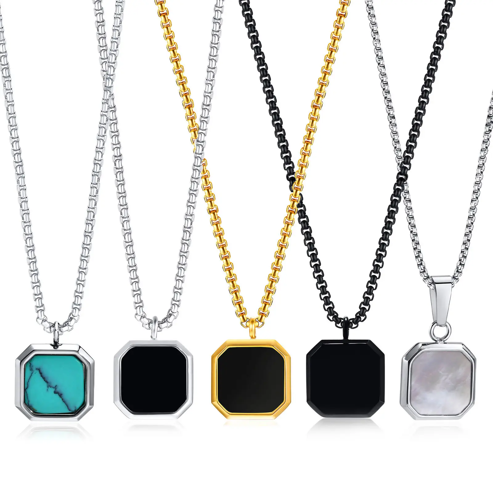 Latest Fine Jewelry Necklace 18K Gold Square Turquoise White Shell Black Oil Pendant Stainless Steel Necklace Men