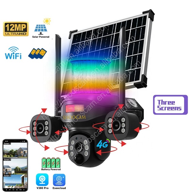 12mp Three Lens Screen Wifi Solar Camera 360 Degree Rotating Motion Detection RGB Color Light Night Vison Floodlight Camera 4g