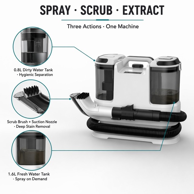 Portable Spot Stain Fabric Cleaner With 14kPa Suction Dual Tank Machine for Sofa Carpet Car Seat Cleaning