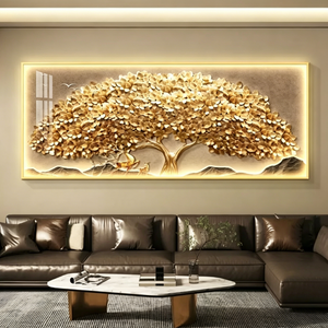 Peinture murale LED abstraite en forme d'arbre doré, style nature morte, vente en gros, décoration intérieure pratique, peinture en porcelaine de cristal LED avec télécommande - Product Image 3