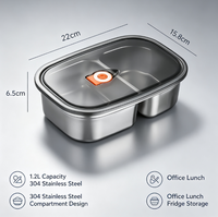 Boîte à bento portable de 1,2 L en acier inoxydable 304, compartimentée, pour conserver les aliments frais, avec couvercle visible, pour le stockage des repas au bureau