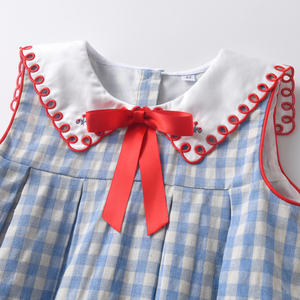 Robe d'été sans manches pour bébé fille, imprimé à carreaux, 100% coton, col brodé, robes pour enfants, vêtements personnalisés pour filles - Product Image 3