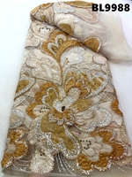 Tissu en dentelle brodé de perles et de sequins dorés faits à la main, de luxe, style Dubaï, prix de gros, pour robe Abaya de mariage arabe