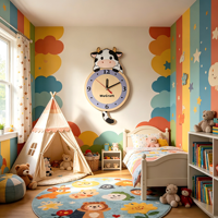 Jam Dinding Pendulum Kayu 12 Inci Jam Dekorasi Dinding Kamar Anak Motif Hewan Kartun Super Senyap Tanpa Suara Tik-tok untuk Kamar Anak