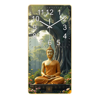 Jam Dinding Kuarsa Senyap Patung Buddha Lukisan Kristal Pohon Bodhi Jam Dekoratif Persegi Panjang Vertikal untuk Ruang Meditasi