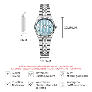 Montre femme de luxe à texture élégante, bracelet en acier à sept maillons, étanche 3ATM, mouvement à quartz - Product Image 6
