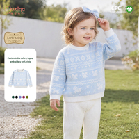 Pull en tricot à col rond pour fillettes, motif Fair Isle bleu, cœur, flocon de neige, nœud, manches longues, pull-over, OEM personnalisé