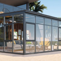 Véranda moderne sur mesure pour villa, toit plat, type indépendant connecté, double vitrage trempé Low-E, alimentation solaire, anti-corrosion, isolation thermique