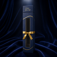 Boîte pliante personnalisée bleu marine avec dorure à chaud, haute et étroite, à extrémités pliées, avec fenêtre, pour emballage cadeau de spiritueux et de vin