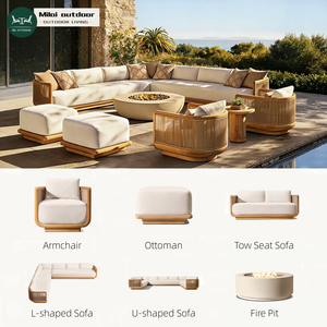 Ensemble de canapés d'extérieur en teck moderne avec coussins imperméables, canapé en bois massif en forme de L, ensemble de conversation pour <span class=keywords><strong>jardin</strong></span>, balcon, villa, hôtel, appartement - Product Image 1