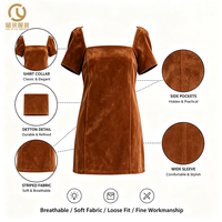 Robe courte en velours marron pour femme, manches courtes, col carré, style vintage, décontractée, tissée, lavable, pour le printemps, l'automne, l'été, robe de soirée