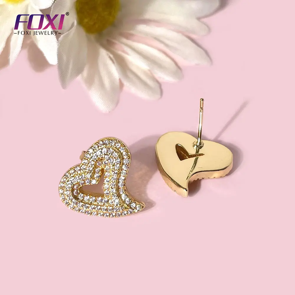 FOXI jewelry wholesale 18K gold plated Iced Out Bling Heart Earring CZ Micro Pave Hearts Stud Earring for Women