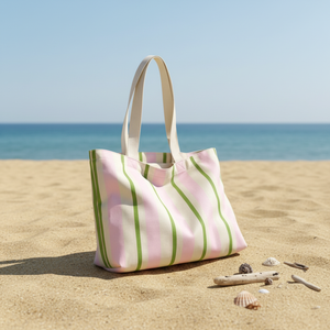 Bolsa <span class=keywords><strong>de</strong></span> Lona a Rayas Personalizable <span class=keywords><strong>de</strong></span> Gran Capacidad con Asas Beige para el Uso Diario - Product Image 4