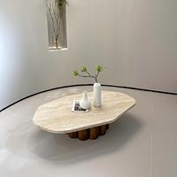 Table basse en travertin irrégulier, plateau en pierre naturelle, base cylindrique en bois massif, style Wabi Sabi, table de salon, table à thé