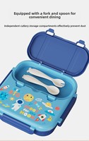 Boîte à lunch carrée en plastique pour enfants, motif dessin animé, compatible micro-ondes, 3 compartiments, pour étudiants, avec fourchette et cuillère