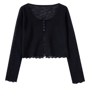 Women's Thin Knitted Crop <b>Cardigan</b> Long Sleeve Solid Color Breathable Loose Fit Single Breasted Wavy <b>Edge</b> Top - Product Image 4