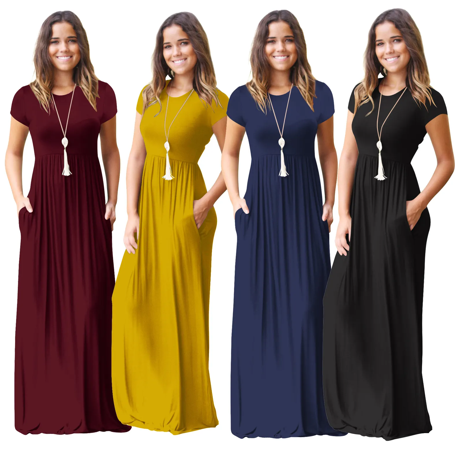 2022 Elegant long dress Women high waist short sleeve maxi dresses High stretchy female floor length robe