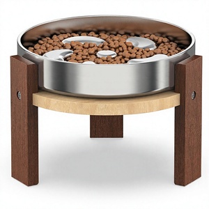 Supporto Moderno Rialzato per Ciotole per Cani in Legno Massello con Ciotola Lenta in Acciaio Inossidabile 304 per Cani di Taglia Media - Product Image 1