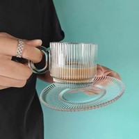 Ensemble de tasses à café et de soucoupes en verre transparent rayé de 90 ml et 160 ml, tasse à café glacé américain haut de gamme, tasse à café en verre européen, tasse à thé