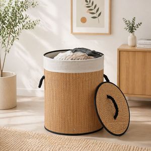 Bamboo Woven <b>Storage</b> <b>Basket</b> With Lid Rectangle Cotton Fabric Portable Clothing Organizer For Laundry And Toys - Product Image 4