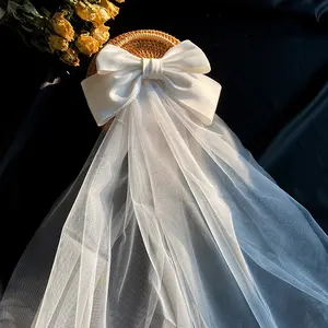 Mode Hochzeit Haarschmuck Weiß Satin Mesh Schleier Bogen Braut Haars pange Braut schleier