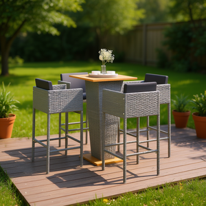 Conjunto de Bar Cuadrado de Ratán Gris para Exteriores, Muebles de Bar Ligeros de Estilo Moderno y Contemporáneo, Silla con Estructura Metálica y Respaldo de Listones - Product Image 2