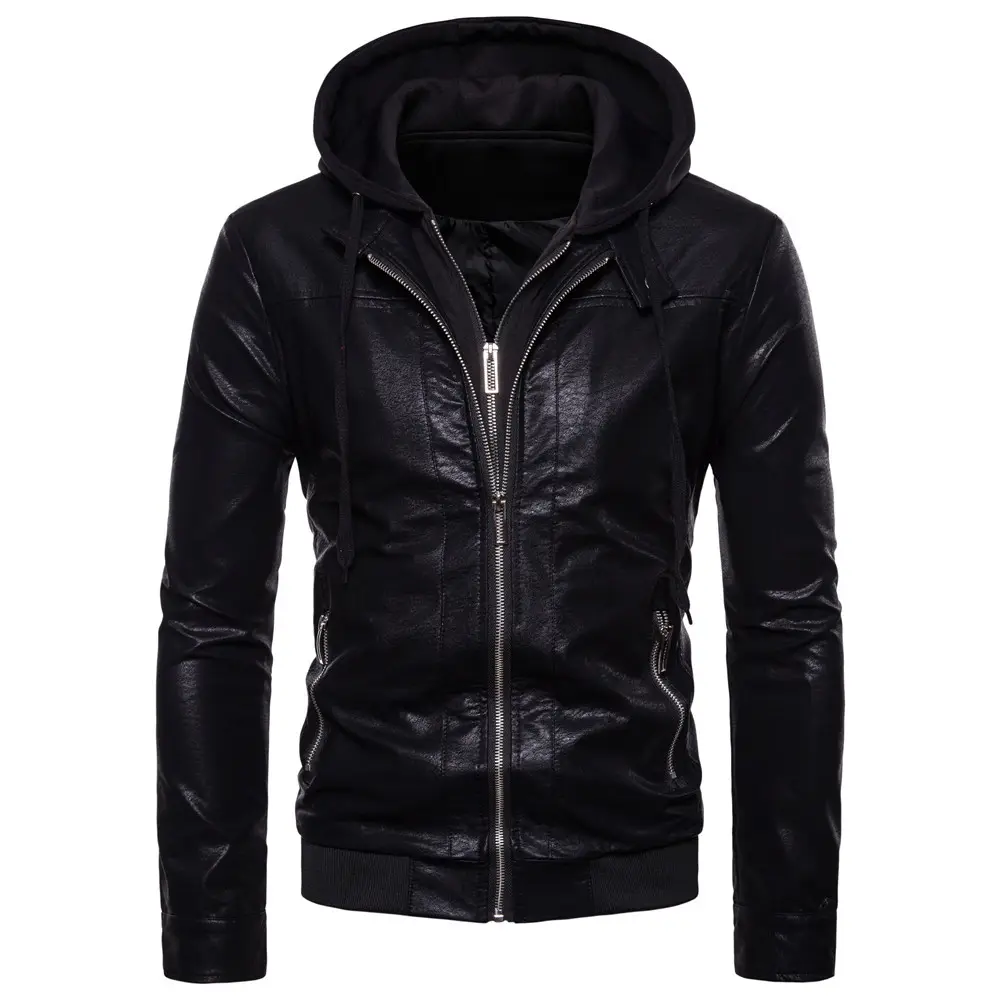 Herren bekleidung Lederjacke Herren Kapuze reine Farbe Freizeit PU Lederjacke mit Custom Logo