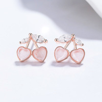 925 Sterling Zilver Kersen Stud Oorbellen Kattenoog Steen Kawaii Sprankelend Schattig voor Vrouwen