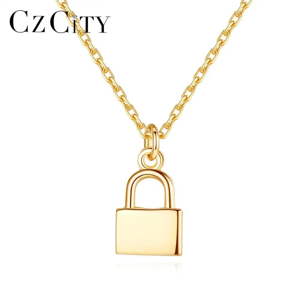 CZCITY Designer Small Silver Lock Chian Pendant Necklace for Girls Cool Design New