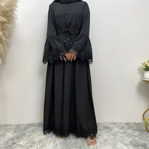 16001# Update purple floral lace closed abaya long sleeve modesty women a-line fashion dresses for eid 2 colors