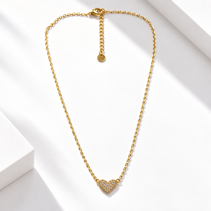 Collier en forme de cœur en zircon, acier inoxydable, plaqué or 14 carats, chaîne réglable 40 + 5 cm, 1 cm, 4,3 g - Product Image 1