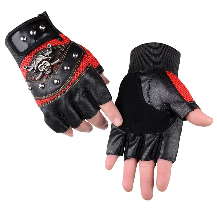 Guantes de moto Semi-dedo Calaveras Remache PU Cuero Guantes sin dedos Punk Hombres Guantes de medio dedo