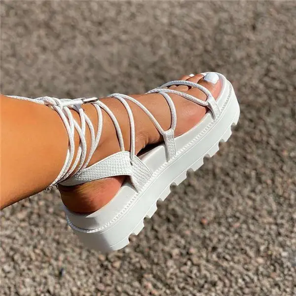 Summer White Black Criss-Cross Lace Up Sandals Large Size Muffins shoe Cross-shoes Comfort Shoes For Women Strappy Heels Ladies
