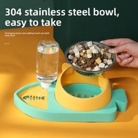 Bol pour chat 3-en-1 en PP avec distributeur d'eau par gravité et gamelle anti-glouton en acier inoxydable 15 °   Mangeoire inclinée en forme de poisson pour animaux de compagnie pour petits espaces intérieurs