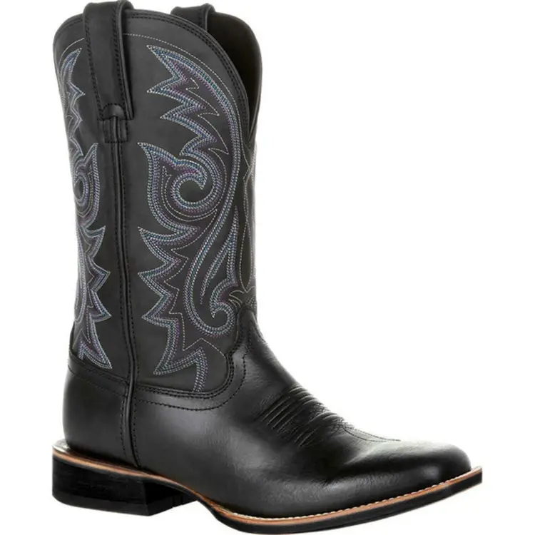 Vente en gros rétro de bottes de cowboy en PU pour hommes avec broderie sur tube haut Chaussures Bottes pour hommes de design de mode bon marché personnalisées en usine