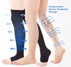ถุงเท้ารัดเส้นเลือดขอดสูงถึงเข่าแบบเปลือยสีดำสำหรับพยาบาลเปิดนิ้วเท้าถุงเท้ารัดกล้ามเนื้อขนาดกลาง