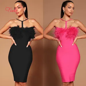 FUDA AB655 Low-Cut Halterneck Bandage Dress Fashionable Party Hot Ostrich Feather Dress