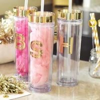 Gobelets en plastique rose doré de 16 oz à double paroi avec couvercle et paille, mug isotherme réutilisable, gobelet fin en acrylique transparent